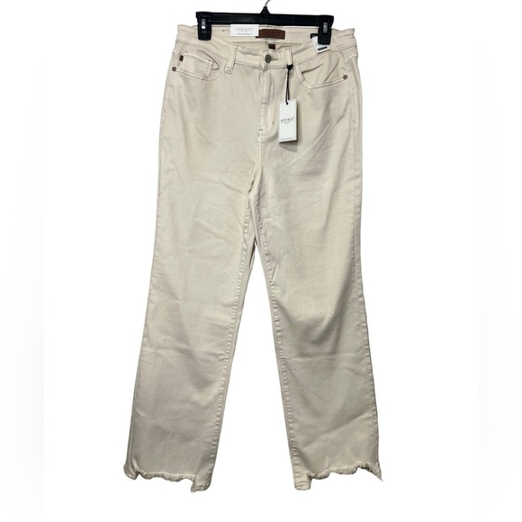 Judy Blue Destroyed Hem Straight Leg Jeans - Light Khaki Size 32 - Picture 7 of 9